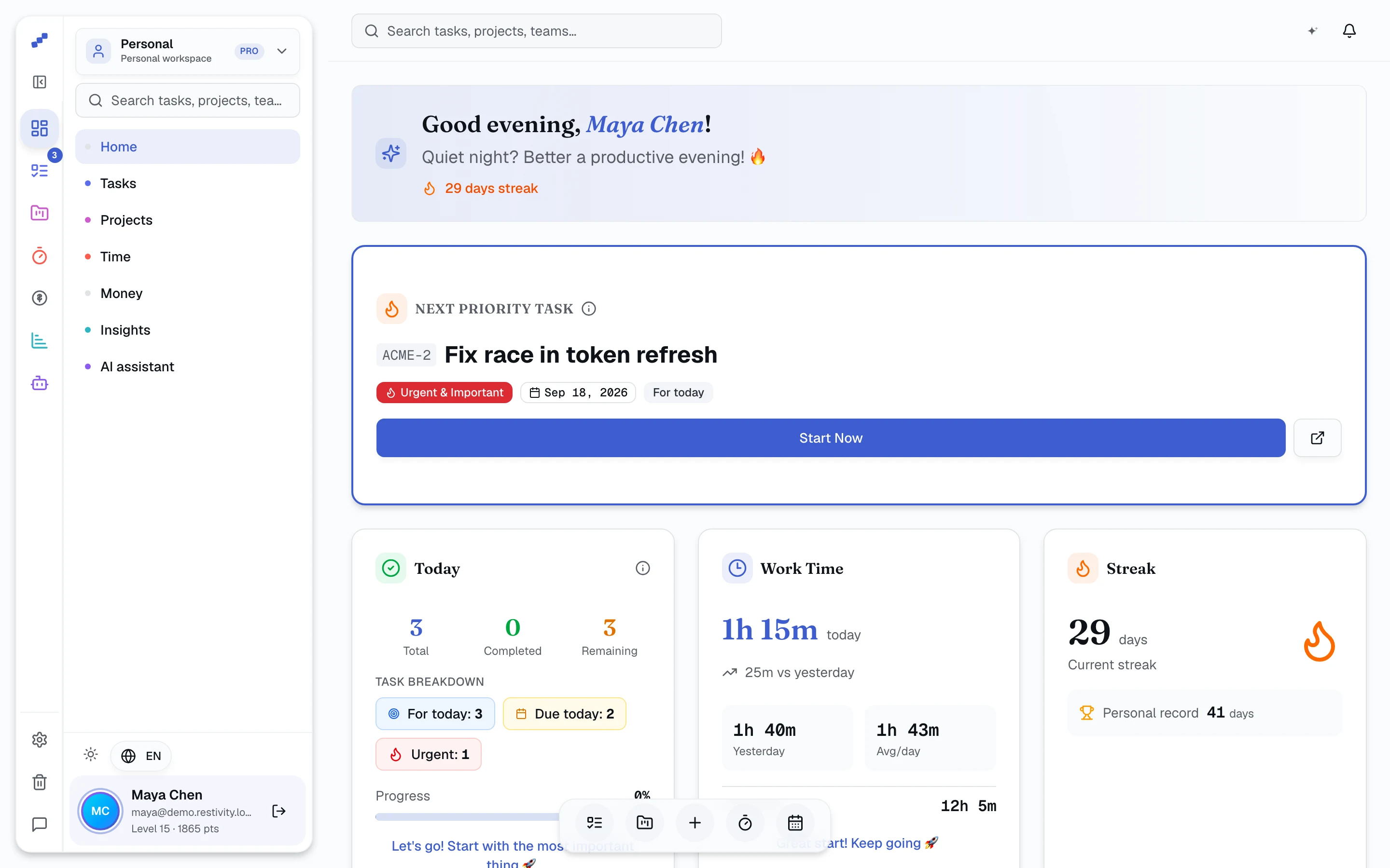 Restivity dashboard: evening greeting, the next priority task ACME-2, a 29-day streak, today's work time
